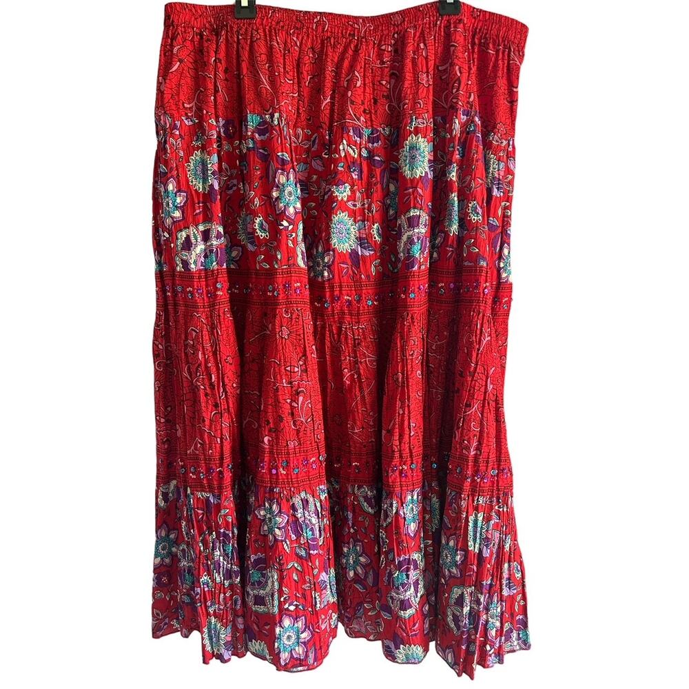 Phool Women’s Size‎ 2XL Vintage 100% Cotton Red Indian Floral Print Maxi Skirt